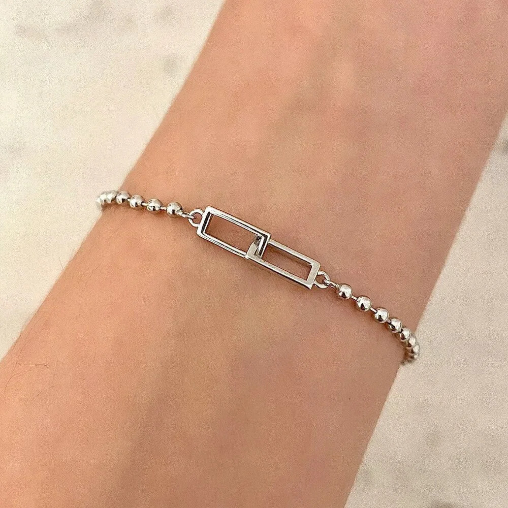 925 Sterling Silver Dainty Link Bracelet Rectangle Link Bead Bracelet
